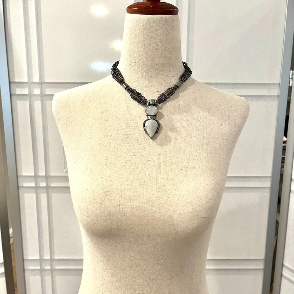 Moonstone and Purple Multi Strand Beaded Necklace